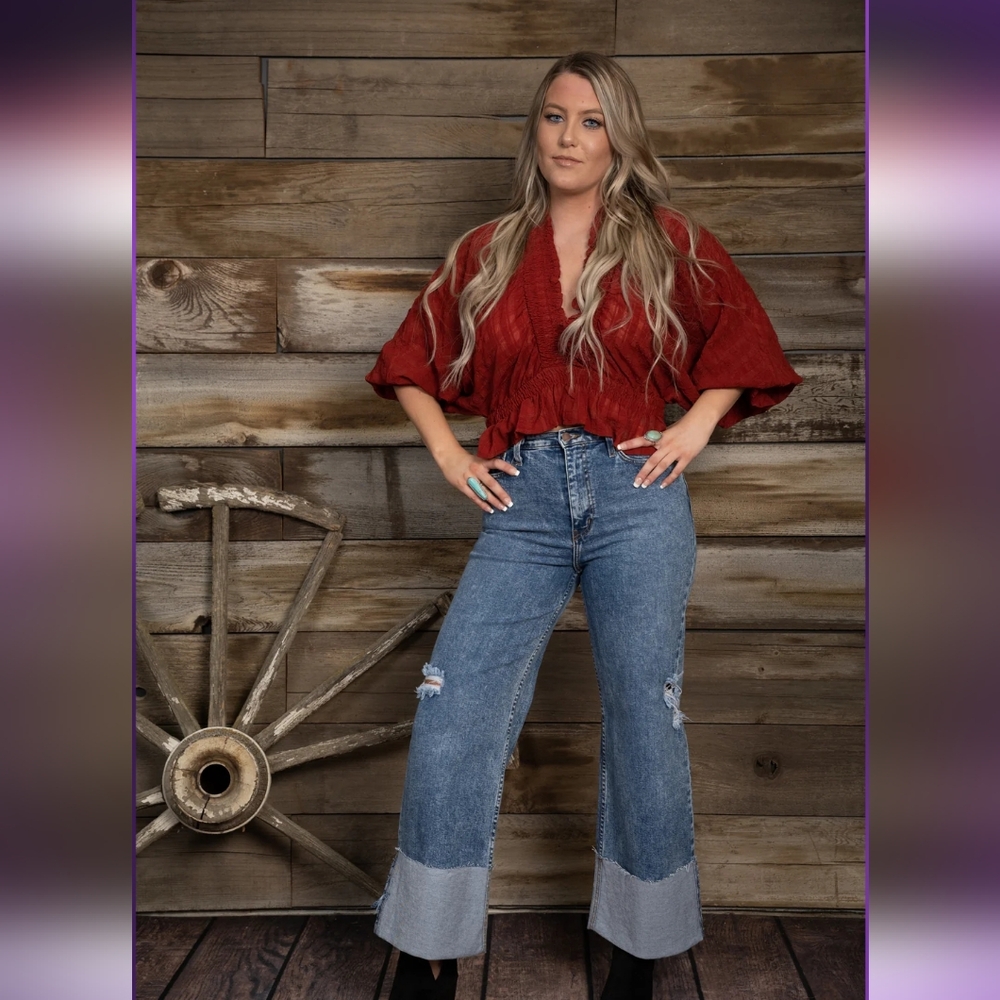 Blue Distressed Wide-Leg Jeans